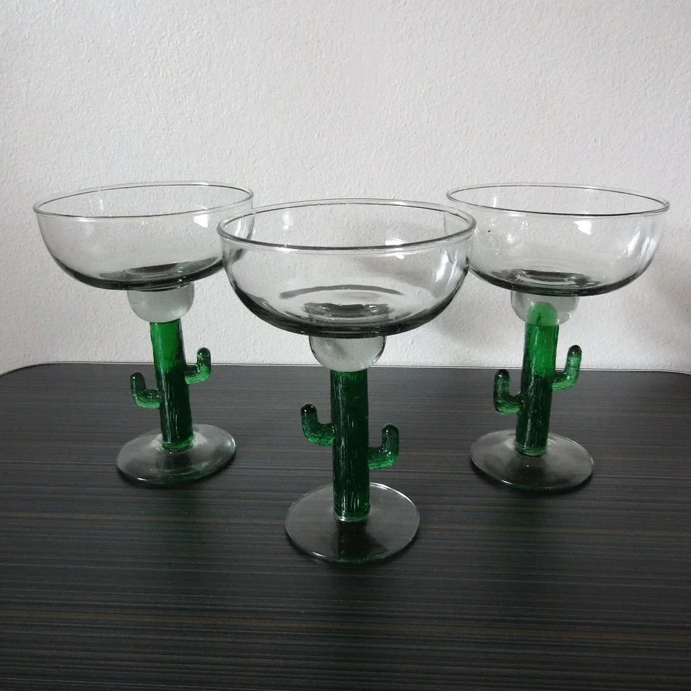 Hand Blown Cactus Margarita/Dessert Glasses Set of 3